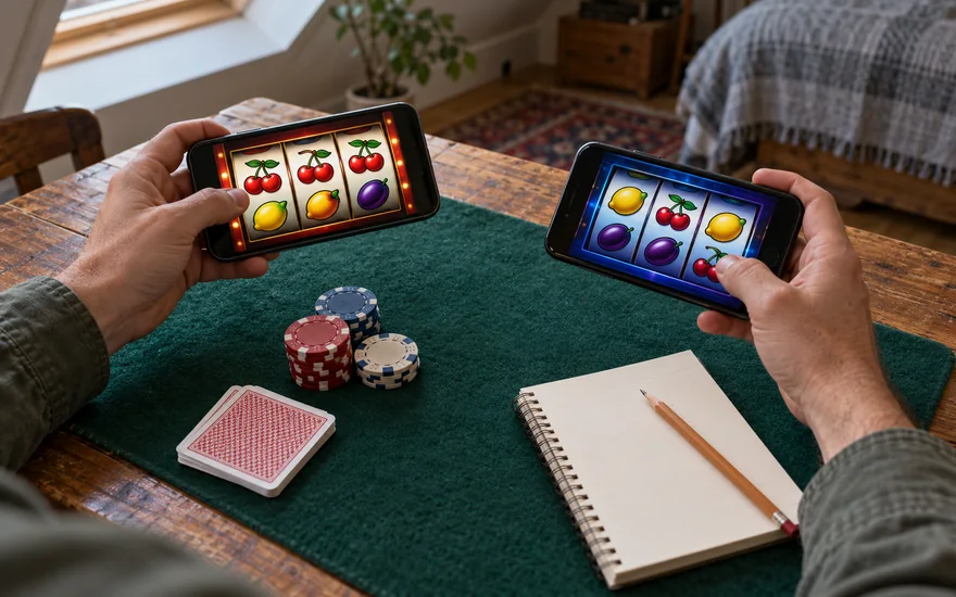 About this casino guide: editor comparing two casino phones on felt mat with blank notes