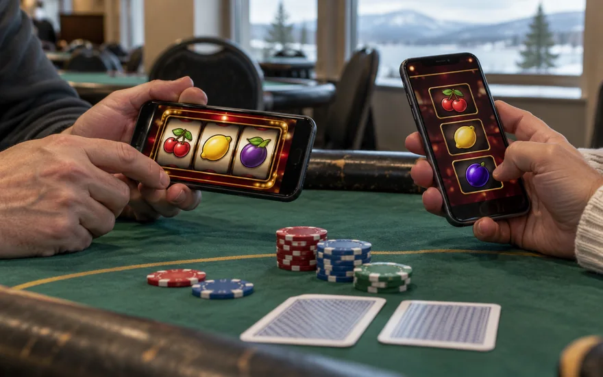 About this casino guide: two casino phones compared across card-room table with chips