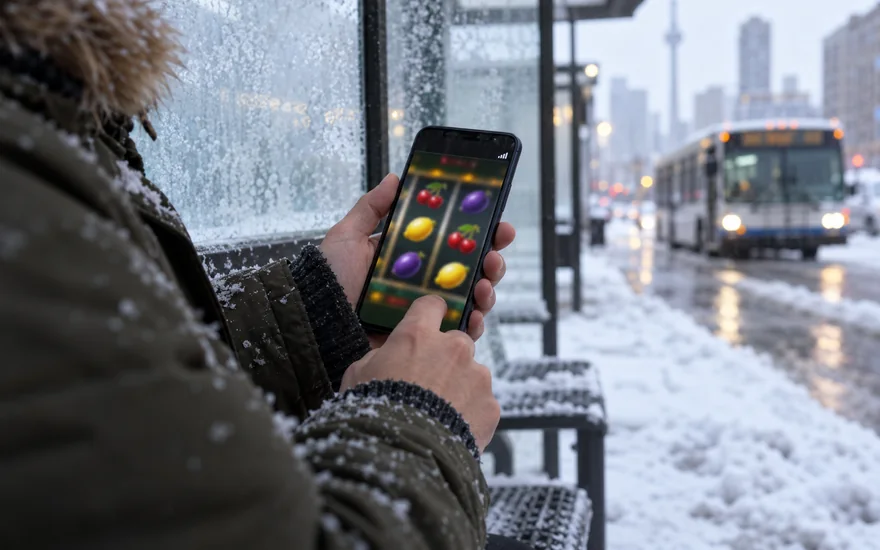 Playojo app: casino phone at snowy transit shelter