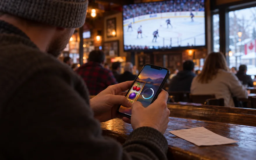 Playojo app: phone with generic slot motif and installation ring at hockey pub