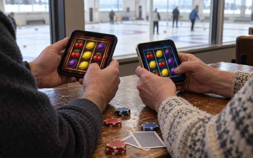 Best online casino ca: adult comparing casino phones at curling-club table with chips and cards