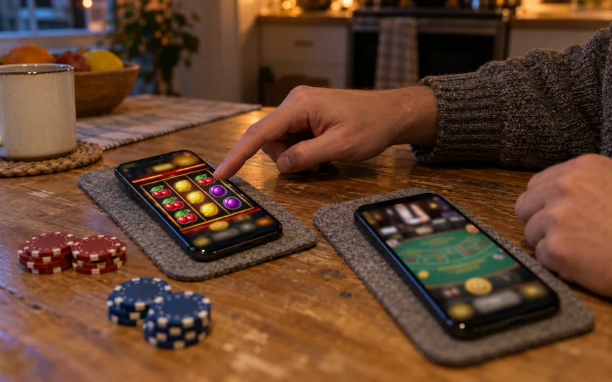Best online casino ca: two casino phones on separate felt mats with chip groups