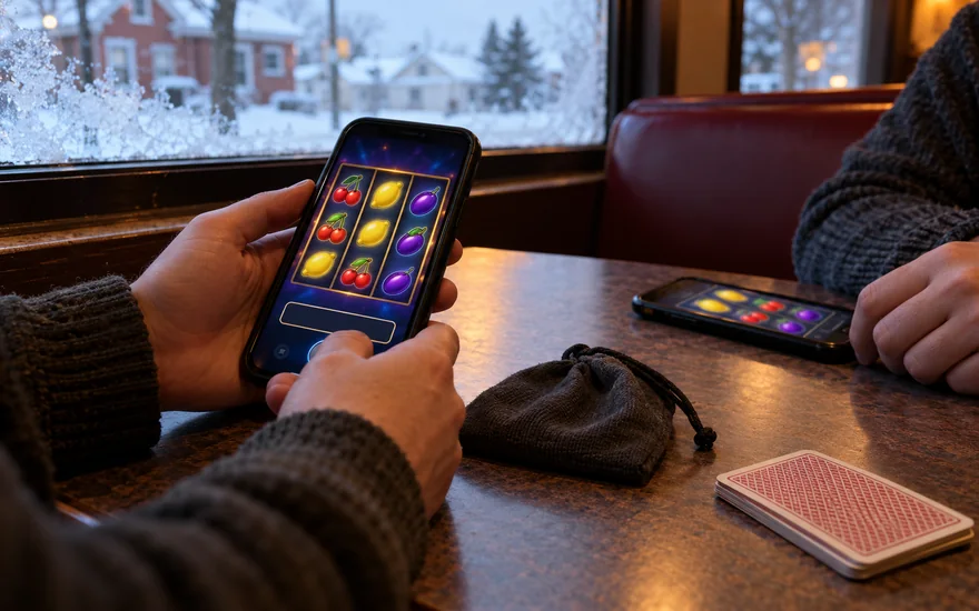$5 minimum deposit casino canada: casino phone comparison beside plain pouch and face-down cards