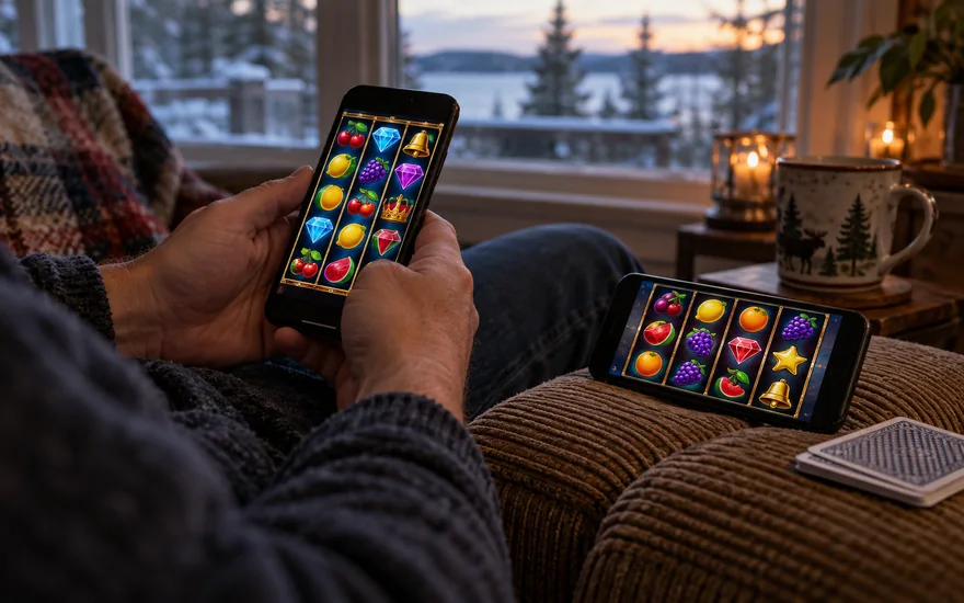 Best online casino slots canada: two varied slot phones beside face-down cards on chair arm