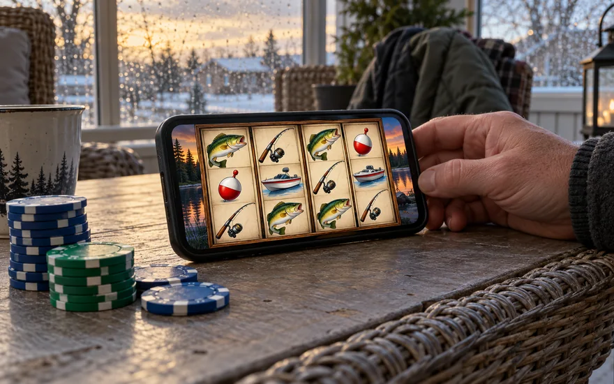 Big bass bonanza rtp: fishing-slot casino phone beside plain chips on enclosed porch