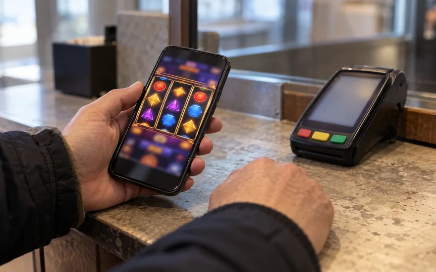 Bitcoin casino withdrawal check with a payment terminal and phone
