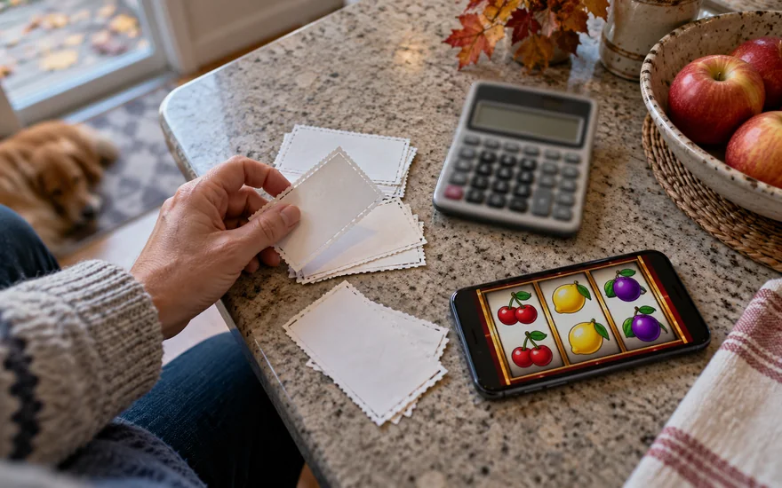 Playojo bonus: blank coupon, blurred calculator and fruit-slot phone