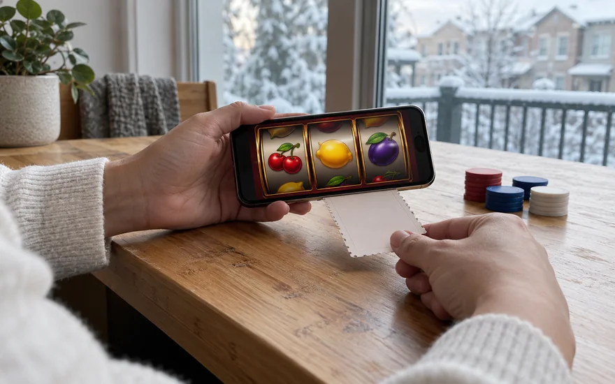 Playojo free spins: fruit-slot phone beside blank coupon and plain chip group