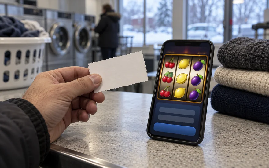 Playojo no deposit bonus codes: blank eligibility coupon beside casino phone at laundromat