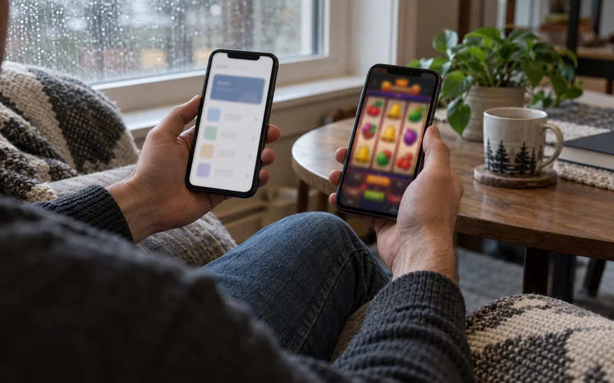 Canadian crypto casino comparison with two unbranded casino phones, playing cards and a covered payment note