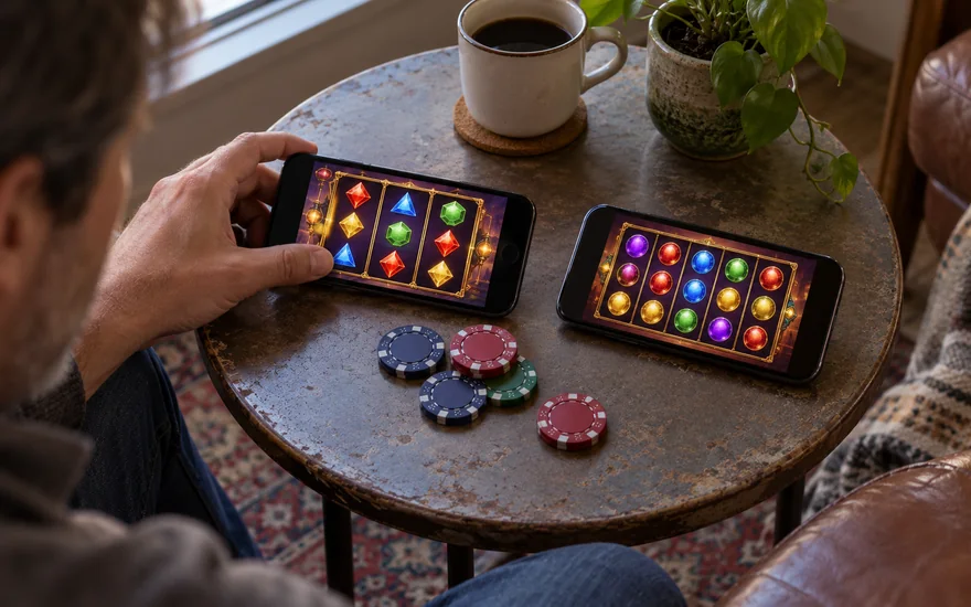 Adult reading a casino phone paytable beside a second wallet phone with blurred screens and no logos