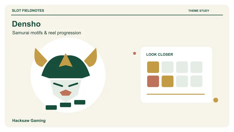 Densho: Samurai helmet above ascending reel markers