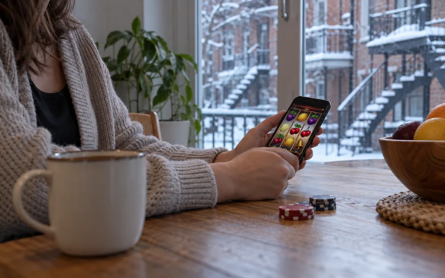 Playojo français: adult with casino phone beside Quebec apartment window and chips