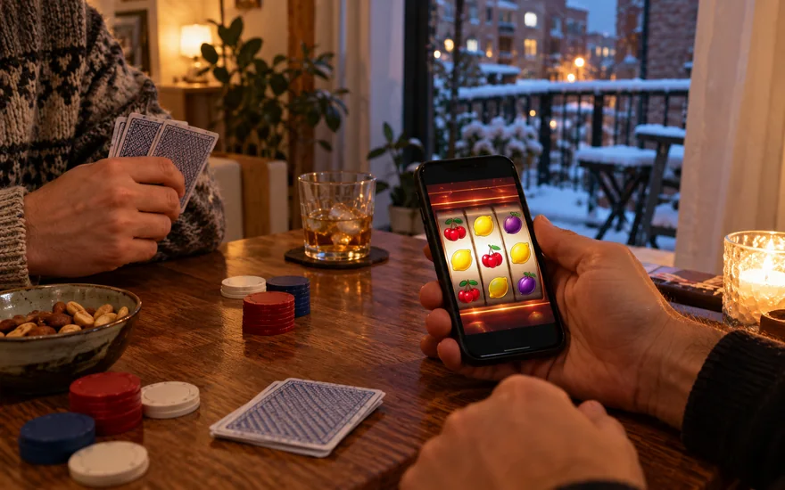 Playojo français: casino phone beside chips and face-down cards in Quebec home