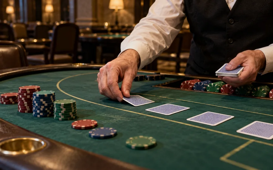 Play ojo casino canada: casino table, chips, face-down cards and dealer hands