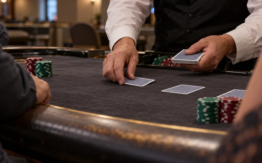 Online live casino: dealer hands placing face-down cards beside plain chips