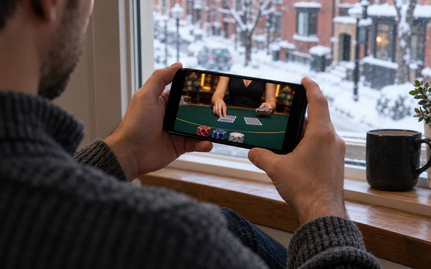Online live casino: phone showing generic dealer hands and casino table feed