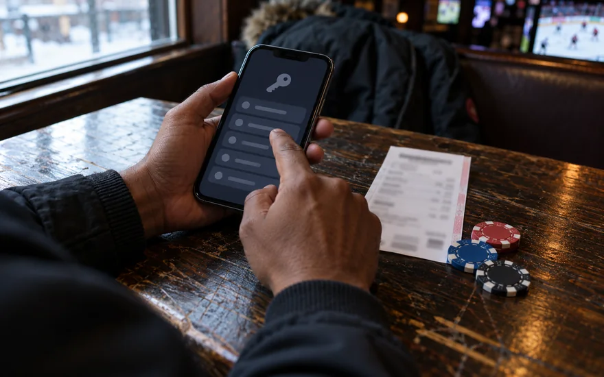 Playojo canada login: password-manager phone beside blurred betting slip and chips