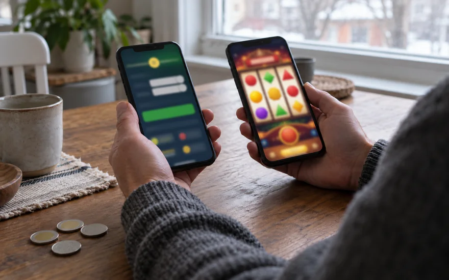 Casino amount-entry phone beside a small coin and closed wallet