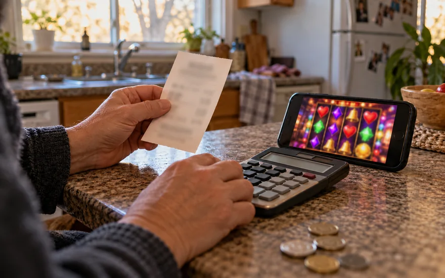 Adult checking a casino withdrawal phone beside a closed budget envelope