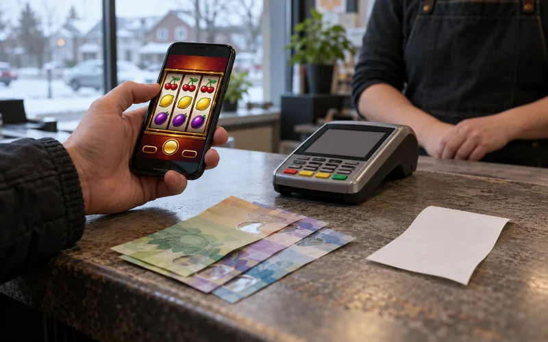 Playojo payment methods: casino-slot phone at neutral payment counter with notes and receipt