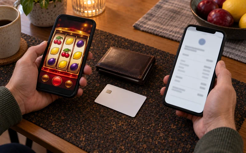 Playojo payment methods: two casino/payment phones beside blank card and wallet
