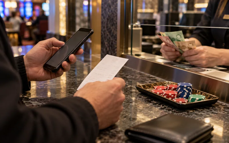 Casino cashier counts notes beside a phone and receipt