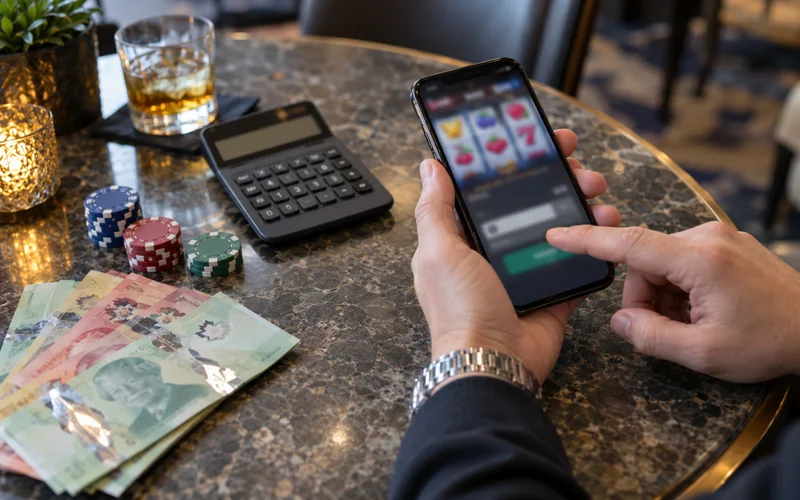 Casino phone beside modest banknotes and a calculator