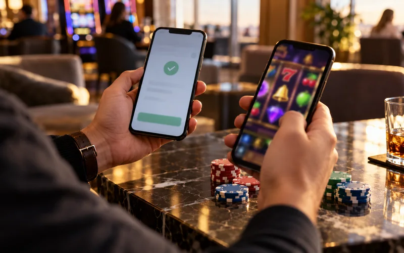 Wallet phone and casino phone beside gaming chips