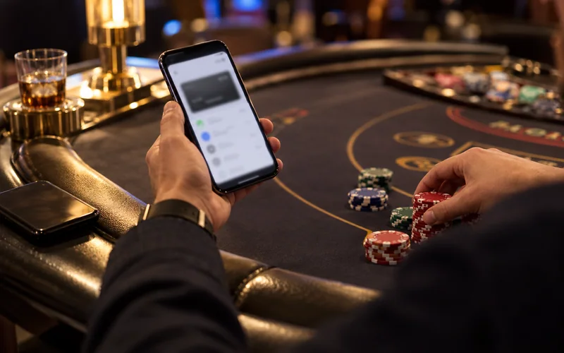 Wallet receipt on a phone beside sorted casino chips