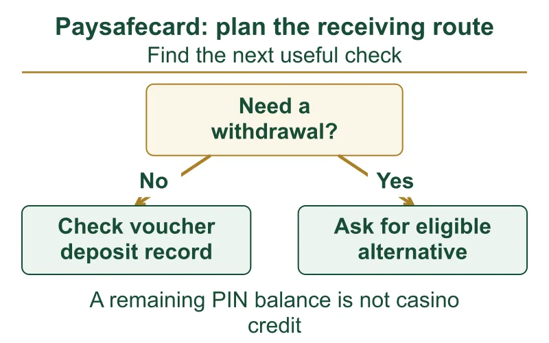 Paysafecard decision map directing a cashout to an eligible alternative rather than a PIN
