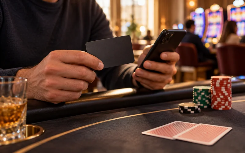 Plain payment card beside a phone and casino chips