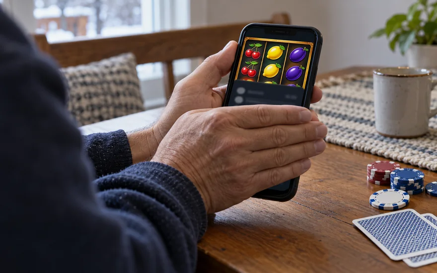 Privacy policy: hand shielding casino account screen beside chips and cards