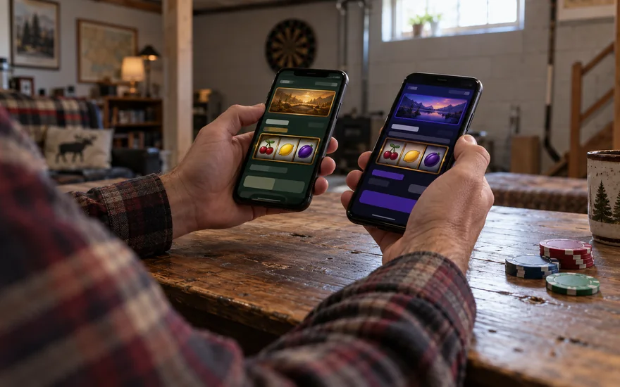 Play ojo coupon codes existing customers: adult comparing two anonymous promo-panel casino phones beside chips