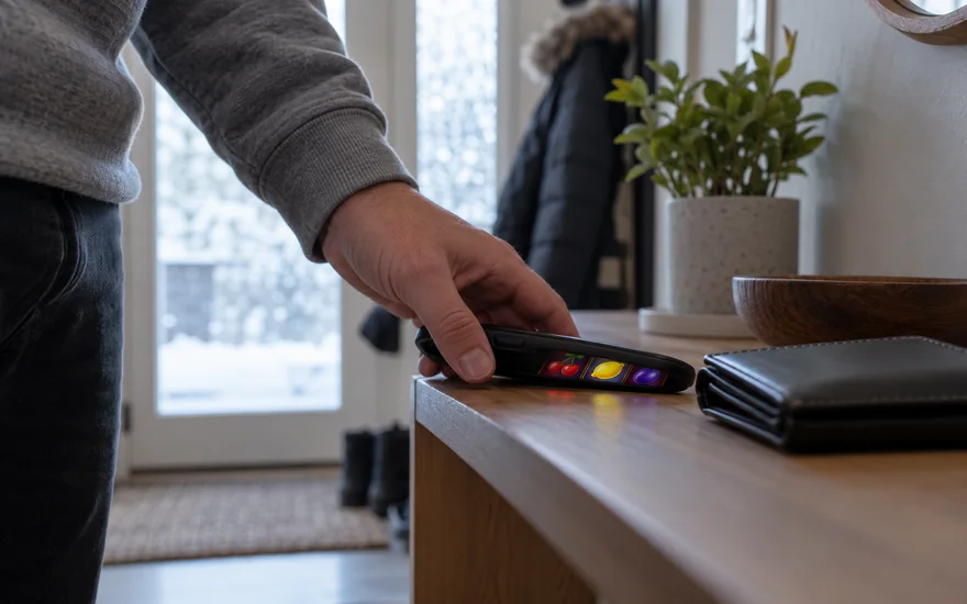 Responsible gambling: adult putting a casino phone down beside closed wallet