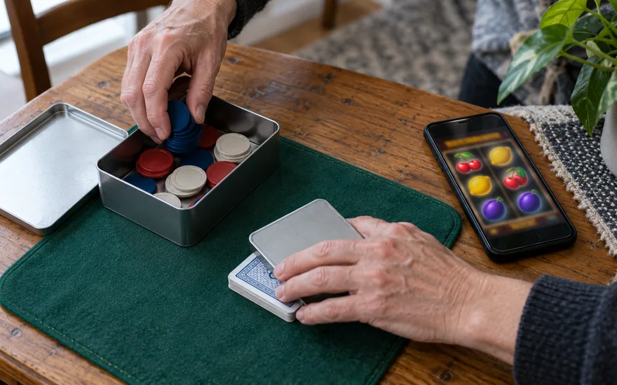 Responsible gambling: hands packing casino chips and cards away beside untouched slot phone