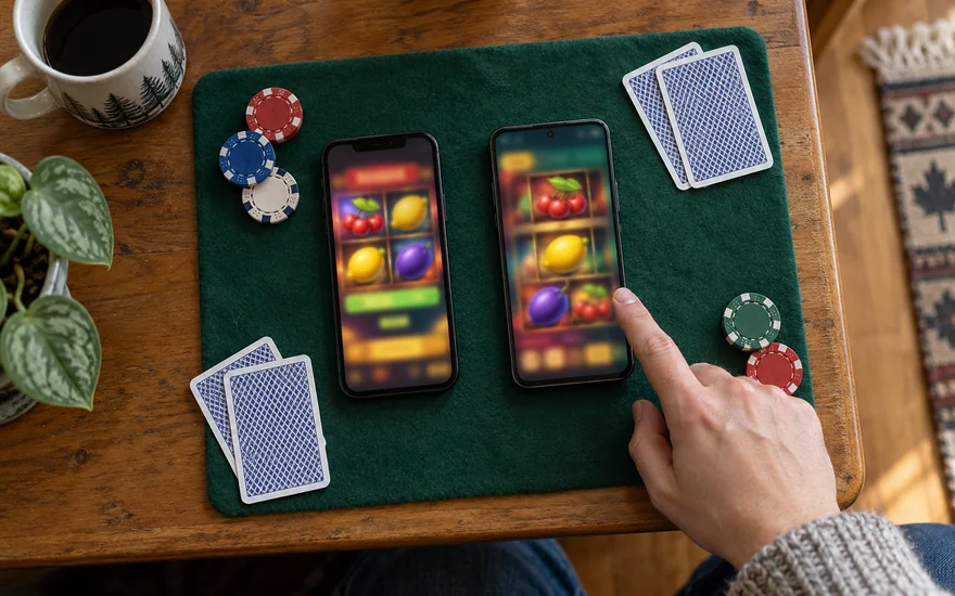 Play ojo casino review: two casino phones, face-down cards and chips on felt mat