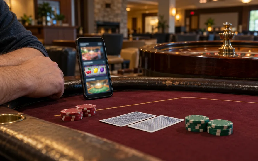Play ojo casino review: comparison phone at burgundy casino table beside plain chips and cards