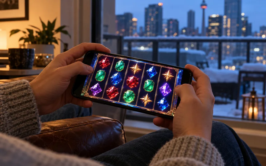 Starburst slot: adult-held cosmic gemstone slot phone in winter apartment