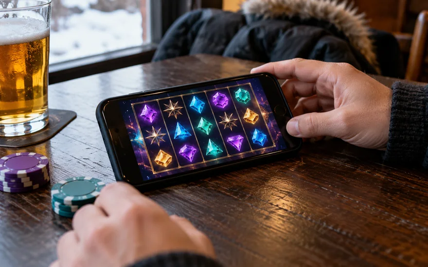 Starburst slot: cosmic gemstone slot phone beside plain chips at pub