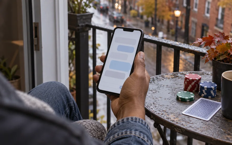 Playojo support: anonymous chat phone beside chips and face-down card