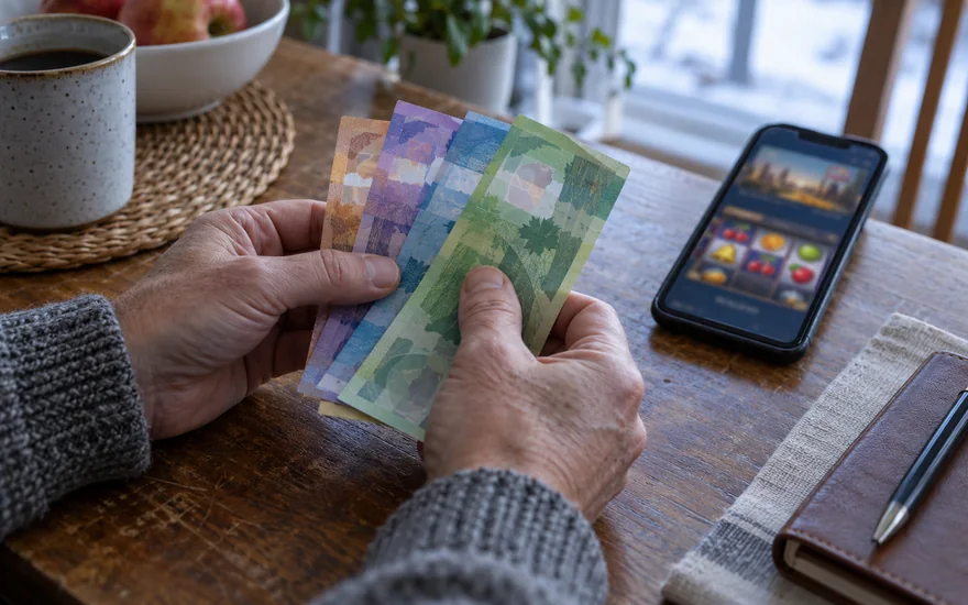 Playojo withdrawal times: hands counting fictional polymer-style notes beside casino phone